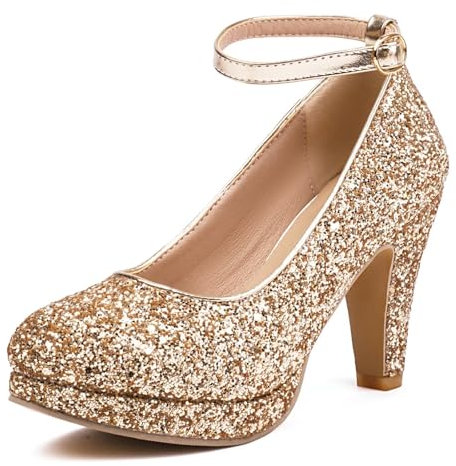 HSyc JRX glitterpumps med fotledsrem, höga klackar, platåskor, Guld, 36 EU