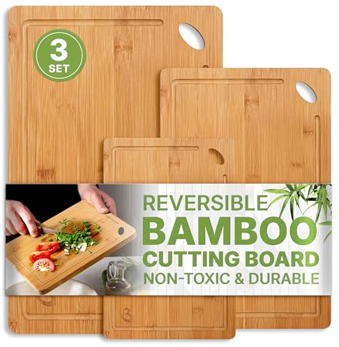 Wood Cutting Boards Set of 3 – Non-Toxic Bamboo Chopping Boards for Kitchen with Deep Juice Grooves – Durable, Eco-Friendly Wooden Serving Boards for Meat, Vegetables & Fruit
