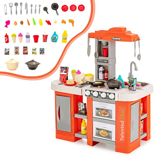 COSTWA Barnkök med 67 tillbehör, lekkök av plast med vattenpumpfunktion, ljus och ljud, ång- och matlagningseffekter, leksakskök för barn från 2 år (orange)