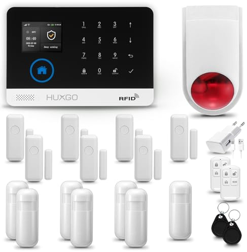 HUXGO® HXA003 Alarmanlage Haus WiFi + GSM mit Funk Sirene | Alarm Set Wohnung mit App. TUYA | Alarm System mit 7X Bewegungsmelder, 7X Tür- Fenstersensor| Wohnmobil Alarmanlage