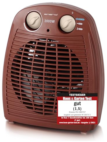 EMERIO Heizlüfter 2000W | klein leicht kompakt portabel | für ca. 25m² | 2 Heizleistungen + Ventilatorfunktion | verstellbarer Thermostat | Kipp-Sicherheitsschalter | Handgriff | FH-106737.13