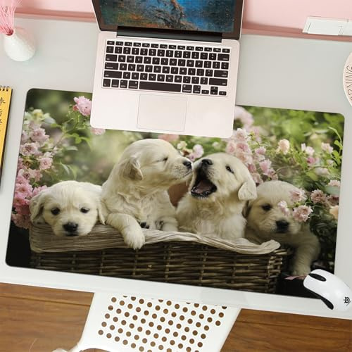 MESHIZIY Gaming Mouse Pad, ratón de Pad 80 x 40 cm,Cachorro Rojo Cachorros pequeños de Golden Retriever en la Canasta Jardín de Rosas Rosadas d,sin Distancia y Mouse Impermeable, para computadora