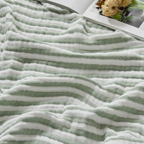 EMME Musselin Decke 100% Baumwolle 127x177 Gestreift Grün Tagesdecke | 4-Lagig Weiche Atmungsaktive Sofadecke & Überwurf Für Erwachsene Ganzjährig Vorgewaschen Couch Bettdecke