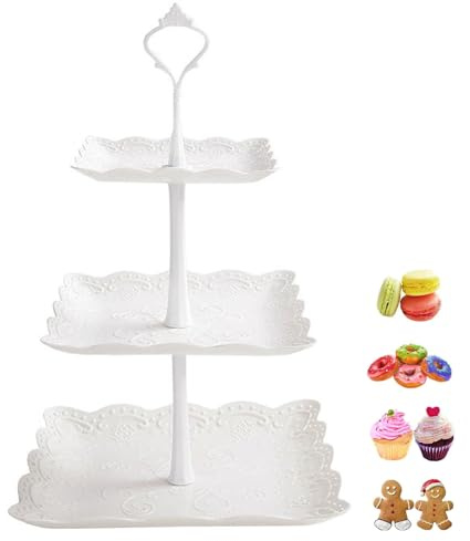 3-Tiers Cake Stand,37cm Height Afternoon Tea Display Stands,Plastic Square Cup Cake Fruit Dessert Server Plates Stands, Reusable Food Serving Platter for Weddings Birthdays & Party(2 pack) (White)