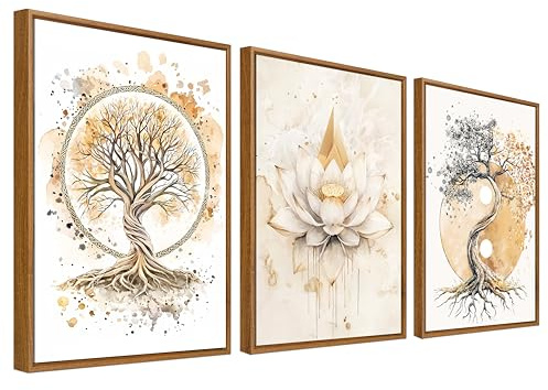3Pcs Lebensbaum Yin Yang Leinwand Bilder Set Mit Rahmen Wandposter Zen Buddhismus Beige Lotusblume Baum Bild Wandbilder Wohnzimmer Schlafzimmer Badezimmer Wanddeko 30x40cm x3pcs (Ohne Acrylglas)