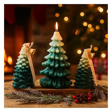 Juego de 3 Velas de Árbol de Navidad de MMOBIEL – Velas Aromáticas Artesanales de Cera de Soja con Grande, Mediano, Pequeño – Aroma a Enebro y Lavanda – Decoración Interior – Regalo - Verde