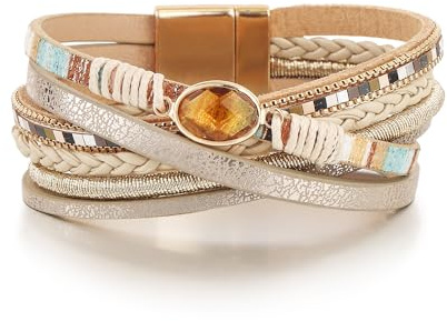 Edoneery Leather Wrap Bracelets for Women, Boho Stacked Cuff Bangle