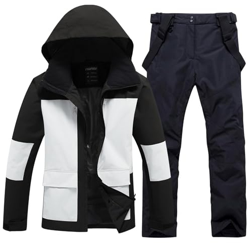 HOUZONIY Traje de nieve para hombre, chaqueta de esquí y pantalones de esquí, juego de dos piezas, ropa de esquí al aire libre, resistente al viento, traje de esquí con capucha para esquiar, snowboard