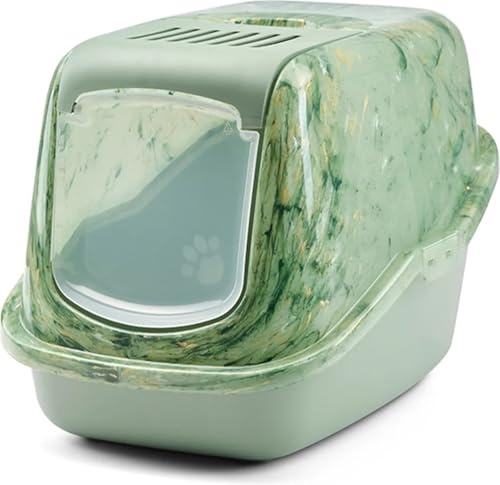 bac litiere pour Chat - Savic Nestor - Marble Green - fermé - façade Rabattable - Dos Haut - Filtre à Charbon - 56x39x38 cm