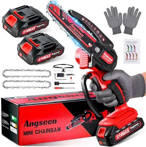 Angseen Mini motosierra a batería para poda con 2 baterías, 850 W 6 pulgadas, sierra a batería para poda con 2 cadenas y bloqueo de seguridad, motosierra eléctrica para cortar madera y jardinería