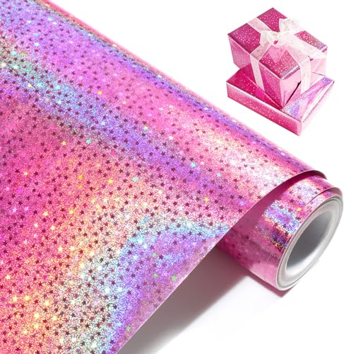 Rosa omslagspappersrulle, metallisk holografisk stjärna presentförpackning – 43 cm x 10 m