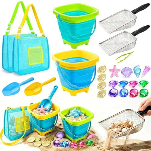 Komicea Sandspielzeug Set, Strandspielzeug für Kinder ab 1 2 3 4 5 Jahre, 25 PCS Sandkasten Spielzeug mit 2 Sandschaufel, Faltbarer Eimer, Sandsieb, Netzbeutel, Edelsteinen, Für Jungen Mädchen