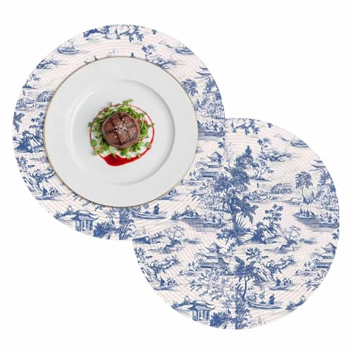 Round Placemats Set of 2 Blue Chinoiserie Garden Pavilion Heat-Proof Table Mats Washable PP Placemat Asian Scenic Hill Boat Plant Non-Slip Place Mats for Home Kitchen Dining Decor,15 Inches