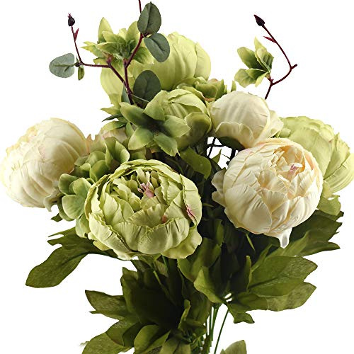 FiveSeasonStuff Vintage Artificial Flowers Green & Beige Peony and Hydrangeas (1 Bouquet)