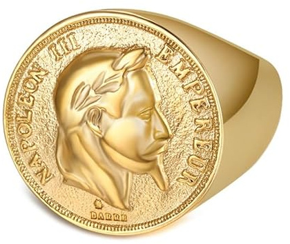 BOBIJOO Jewelry - Bague Napoléon III Homme en Acier Inoxydable Doré - Chevalière Ronde Pleine 21 mm - Style Pièce de Monnaie - 60