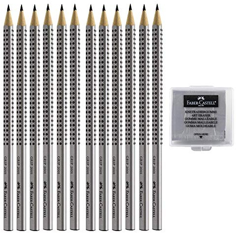 Faber-Castell GRIP 2001 Bleistifte 2B, 2B + Radierer, Silber, 12 Stück