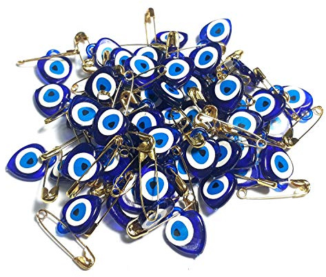 Perlin Nazar Boncuk Böser Blick Glücksbringer Talisman Herz mit Sicherheitsnadel Türkisches Blaues Auge Evil Eye zum Verschenken als Mitgebsel zur Geburt Taufe Hochzeit Dügün Sünnet Nisan 100 STK