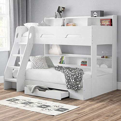 happybeds Orion Oak Wooden Triple Sleeper Bunk Bed, Frame Only, 3ft/4ft | 3ft Single Top, 4ft Small Double Bottom, Wooden Triple Sleeper Bunk Bed, Frame Only, Oak, Storage Drawer, Storage Shelves