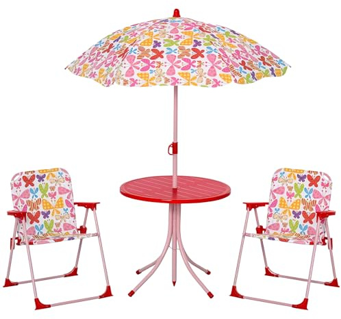 Outsunny Ensemble table et chaise de bistrot pour enfants avec parasol amovible et réglable en hauteur Motif papillon