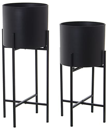 DRW Set mit 4 runden Blumentöpfen mit Fuß, 2 Größen aus Metall in Schwarz, 25 x 60 cm und 25 x 50 cm