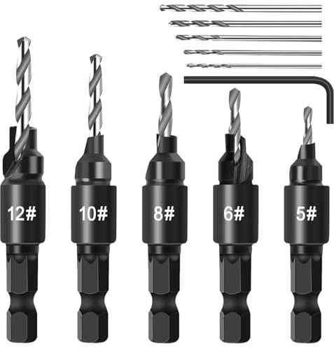 5 Pièces Jeu de Forets à Chanfreiner,Foret à Fraiser Bois,Fraises Tige hexagonale Réglable 1/4 Changement Rapide(2.8/3/3.2/3.5/4mm), Foret Chanfrein HSS pour le Travail du Bois,Avec clé en L