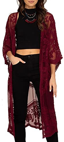 YouKD Damkofta, genomskinlig spets, boho-stil, lång kimono, strand, baddräkt, täckning, baddräkt, badkläder, lång, C mörkröd, one size