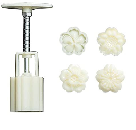 JKUHA Mooncake Mold 30g with 4pcs Cherry Sakura Pattern Stamp Barrel Hand Press Moon Cake Pastry Mould for Mid-Autumn Festival