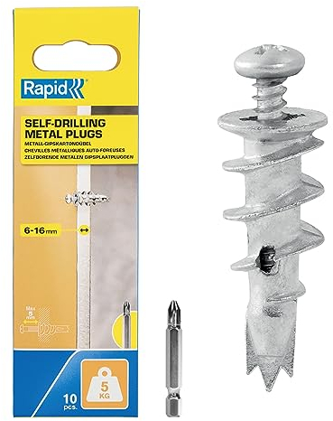 Rapid Confezione da 12 Tasselli Autoperforanti in Metallo, Ottimi per Fissaggi su Pareti in Cartongesso da 6-16 mm, Supportano fino ad un Carico da 5 Kg (5001558)
