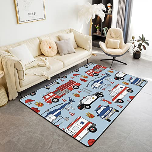 Loussiesd Polizei Auto Bereich Teppich 150x200cm Feuerwehrwagen Indoor Bodenmatte Kinder Teens Polizist Fahrzeug Teppiche für Wohnzimmer Schlafzimmer Flugzeug Muster Rot Blau Küchenteppich