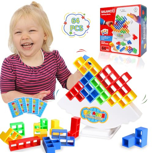 Tetra Tower Spiel, 64 PCS Tetris Tower Balance Game, Schaukelstapel Balance Spiel, Stack Attack Balance Spielzeug Tower Game, Stapelspiel, Balance Spielzeug Kinder, Tetris Balance Toy