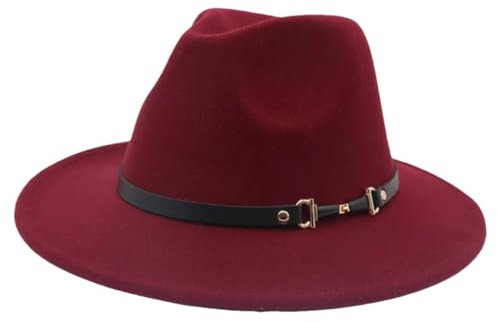 Fedora-Hut im französischen Stil, breite Krempe, für Damen und Herren, Filzkappe, Herbst und Winter, Fascinator, Jazz, Damenhut, Kirchenhut, weinrot, 58/61 cm
