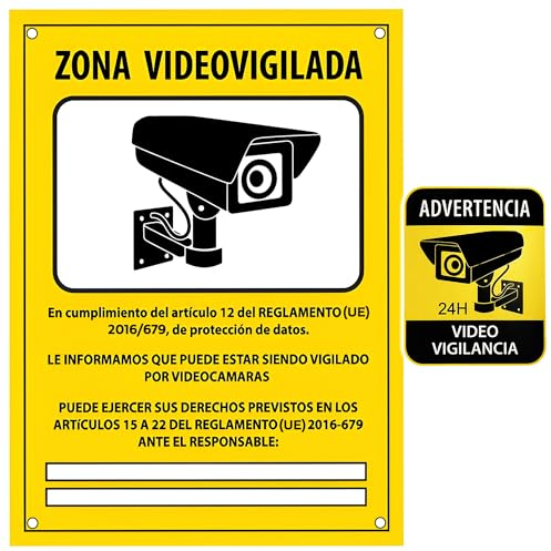 ITALMI® Set Cartel Videovigilancia de PVC + Adhesivo | Placa zona videovigilada 20x15 cm + adhesivo pequeño para añadir una seguridad extra. (1)