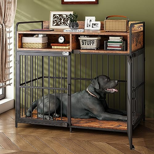 Large Dog Crate Furniture with Drawer Storage | Large Indoor Wood Dog Kennel | Heavy Duty Metal Dog Cage Table | 103×60×80CM - Rustic Brown