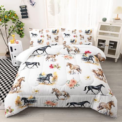 AILONEN 3D Horse Comforter Set, Galloping Horse with Flowers Bedding Set for Kids Boys Twin Size,Farm Animals Bed in a Bag,Tie Dye Duvet Set,3PCS,1 Quilt and 2 Pillowcases,All Season