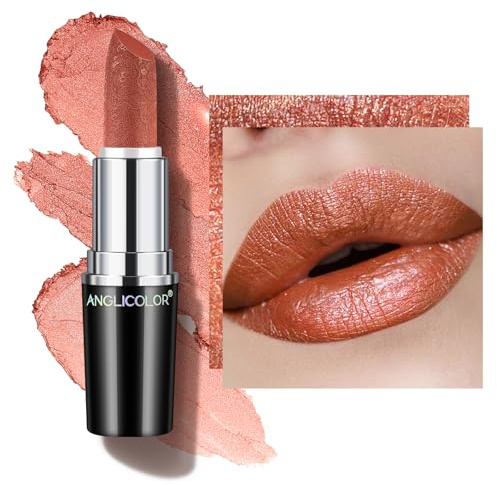 Anglicolor Glitzer Lippenstift Koralle Metallic Glänzend Glossy,Shimmer Lipstick Seidig Velvet Langanhaltend Feuchtigkeitsspendende,Vegan Lipgloss Damen Mädchen Make-up (05 BE HAPPY,4g)
