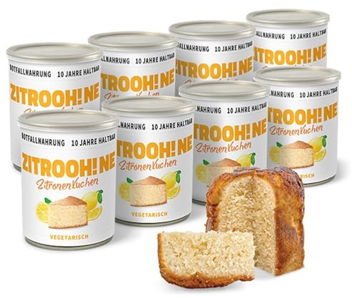 ration1 Camping Dosenkuchen, Zitronenkuchen, 8x 360g, 10 Jahre haltbar | 10 Jahre haltbar, fertig gebacken, passt in den Rucksack, für Wandern, Picknick, Camping und Notvorrat, als Geburtstagskuchen