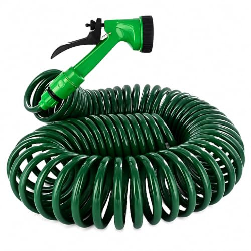 Dunnet Tools 15m 50ft Retractable Coil Garden Hose | Garden Spray Gun, 5 Function Pipe Reel Nozzle Tap Metre, Gardening Set, Tough Kink Resistant Hardened Lightweight