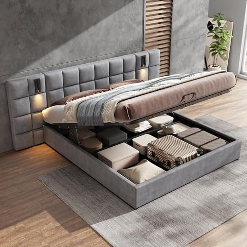 Aoskem Polsterbett Bett 160x200 Doppelbett mit Stauraum, Extrabreiter Kopfteil mit Leselicht & USB-Buchse, Stauraumbett Bettgestell mit Lattenrost, RückenlehneBett Jugendbett, Ohne Matratze, Samt Grau