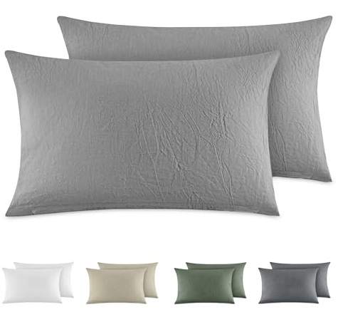 Dreamzie Funda Almohada 40x80 cm (Juego de 2), 100% Algodón Lavado Color Gris Claro, Aspecto de Lino y Transpirable, Funda de Almohada con Cremallera