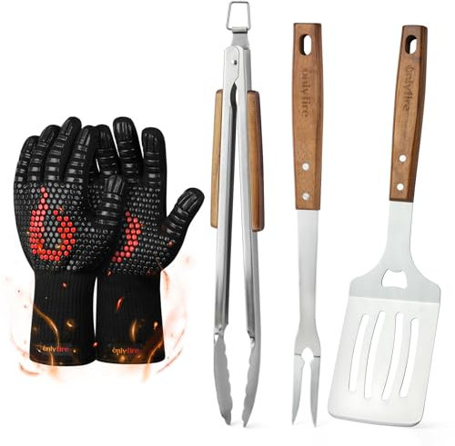 onlyfire Set di Attrezzi per Il Barbecue da 4 Pezzi, Spatola per Piastra Forata, Pinze da Cucina, Forchetta per Grill e Guanti da Barbecue, Utensili Professionali per Grigliate e Cucina All'aperto