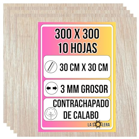 LA SOLERA Pack 10 Tableros Contrachapado de Calabo 30x30 cm | Hojas de 3 mm de Grosor | Manualidades, Corte Láser, Pirograbado, Maquetas, Decoración DIY | Madera Natural y Corte Preciso