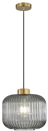 Hnexsei Pendelleuchte aus geriffeltem Glas mit Goldfinish und schwarzem Kabel, stilvolle Hängeleuchten für Esszimmer, Schlafzimmer, elegante Pendelleuchten wie Hängelampe Esstisch (Grau, 24cm)