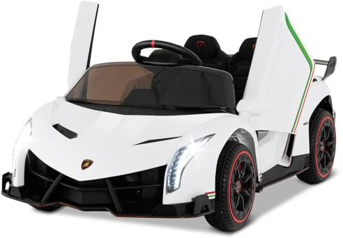 FANTASK Lamborghini elbil för barn 12 V, elektrisk barnbil med 2,4 G fjärrkontroll, LED-strålkastare och tuta och musik, elfordon 2-sitsiga, 3–6 km/h, för barn från 3 år (vit)
