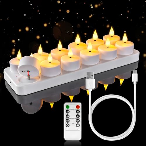 Homemory 12 Pack Rechargeable Base Remote Control USB Battery Candle LED | Flameless Electric Flicker Long Last 2/4/6/8 Hours Timer for Wedding Table Birthday Party Christmas Halloween Holiday
