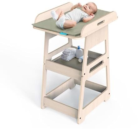 Mamatoyz - 19CFLAT - Cambiador para bebé, colchón impermeable incluido, cambiador convertible en mesa y silla para bebé, estantes para accesorios, madera de abedul
