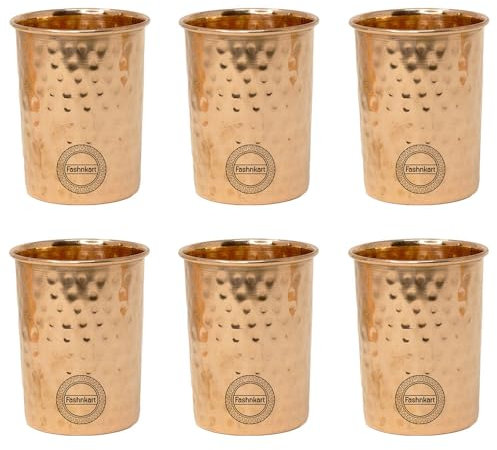 Fashnkart Verres en cuivre pur pour eau potable Santé ayurvédique Gobelets en cuivre pur 10,14 oz 300 ml Lot de 6 (Martelé)