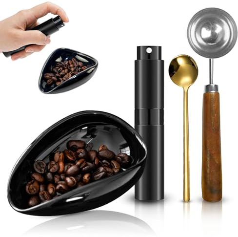 ZYNERY Kaffeebohnen Dosierbecher Keramik Dosierschale mit RDT Sprühflasche Kaffeelöffel Dosierlöffel 30ml, Schwarz Teeschaufel Keramik Coffee Beans Dosing Cup Kaffeezubehör Dosiergefäß für Kaffee Tee