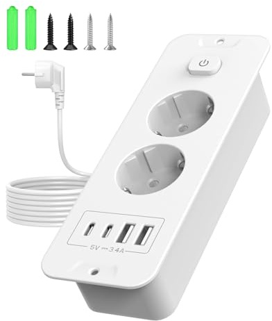 Vipwell Unterputz Steckdose mit USB,Tischsteckdose Versenkbar mit 2 Fach 4 USB (2 USB C PD 20W),Einbau Steckdosenleiste für Desktop,Schrank, Zuhause und Büro (Weiß)
