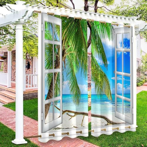 Hiseng Outdoor Vorhang Wetterfest mit Ösen Oben Unten, 2 Stück Outdoorvorhänge Verdunkelungsvorhang Sichtschutz Sonnenschutz Vorhang für Pavillon Pergola -Kokosnussbaum (Strand,137x243cm)