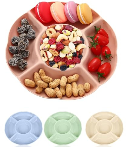 Xusxes 4 Stück Snackschale, Süßigkeiten Schale, Snackschale mit 5 Fächern Plastik, Snackteller Kinder, Aufgeteilt und Wiederverwendbar für Familientreffen Obstdesserts und Trockenfrüchte